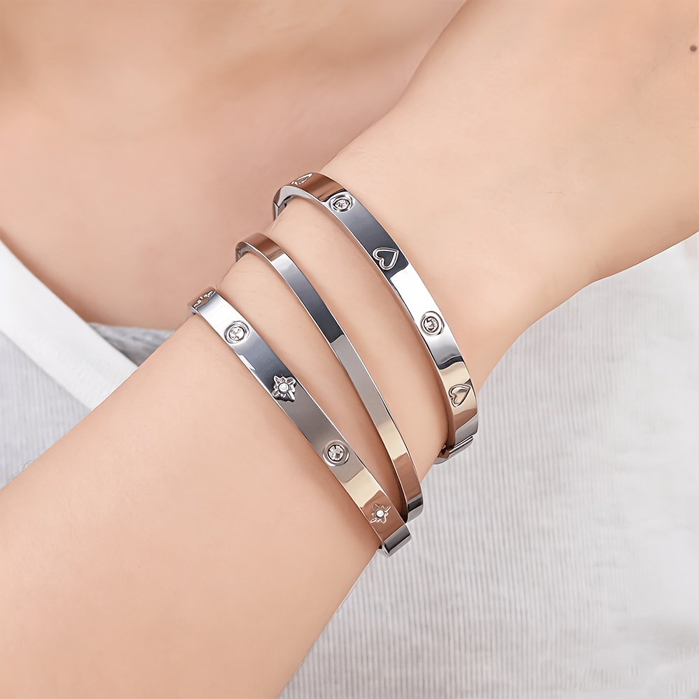 3pc Stainless Steel Stackable Bangle Set with Heart & Star